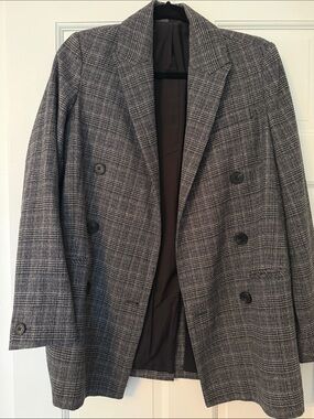All Saints Double-Breasted Plaid Blazer in Grey and Black